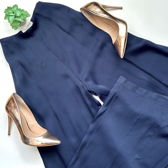 Les Heroines by Vanessa Cocchiaro Wide Leg Trouser Pants Navy Blue Satin Size 8 - Picture 2 of 13